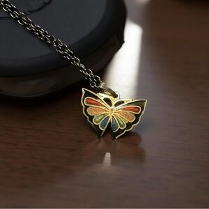 Vintage Cloisonné Butterfly Pendant 16” chain 80s Rainbow Love